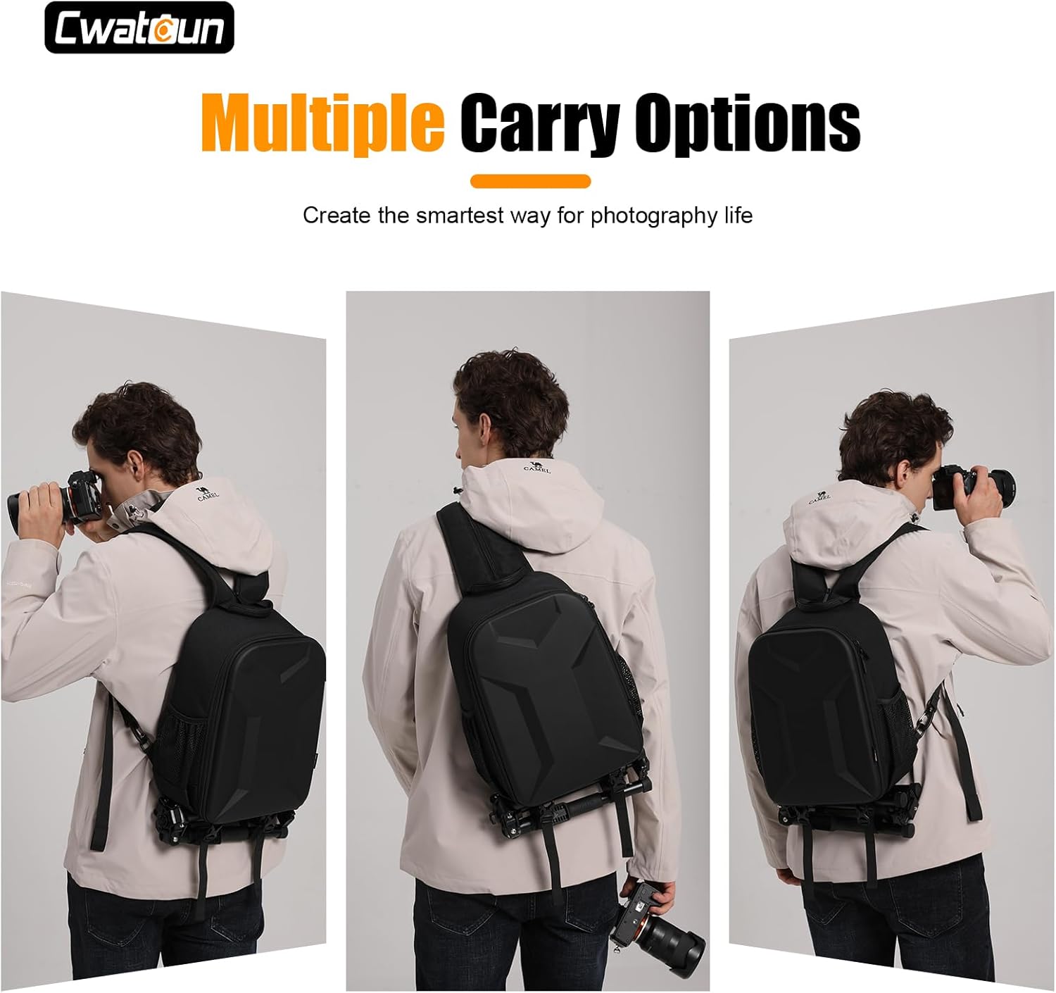 Cwatcun Camera Bag Sling Camera Case Shoulder Backpack with Tripod Holder,Hardshell Case Compatible with Canon Nikon Sony Pentax DSLR SLR Mirrorless Camera Case(1.0,Black-1