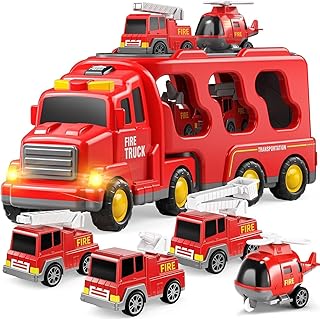 TEMI Fire Truck Toys for 2 3 4 5 6 Years Old Boys Girls - 5 in 1 Carrier Truck Transport for Toddlers 1-3, Friction Power Fire Engine Toys for Kids 3-5, Christmas Birthday Gifts