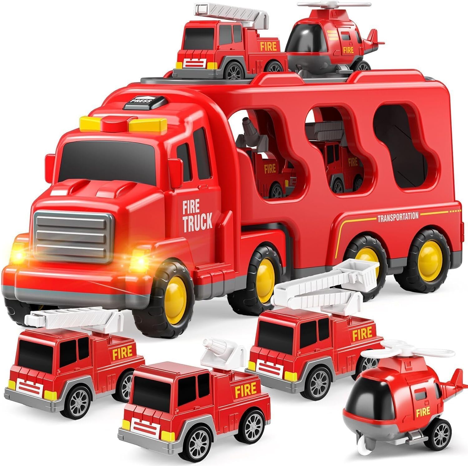 TEMI Fire Truck Toys for 2 3 4 5 6 Years Old Boys Girls - 5 in 1 Carrier Truck Transport for Toddlers 1-3, Friction Power Fire Engine Toys for Kids 3-5, Christmas Birthday Gifts-0