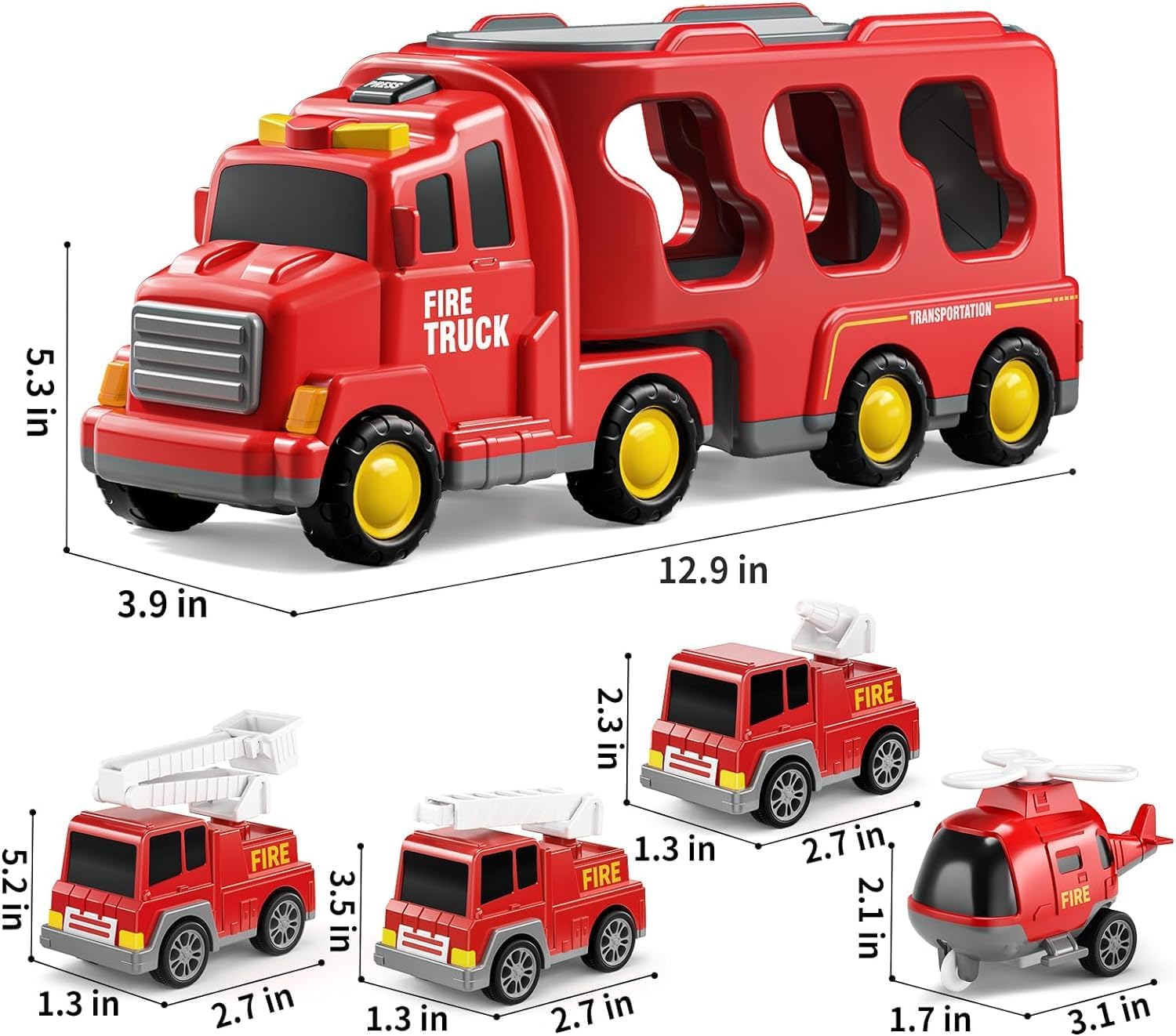 TEMI Fire Truck Toys for 2 3 4 5 6 Years Old Boys Girls - 5 in 1 Carrier Truck Transport for Toddlers 1-3, Friction Power Fire Engine Toys for Kids 3-5, Christmas Birthday Gifts-1