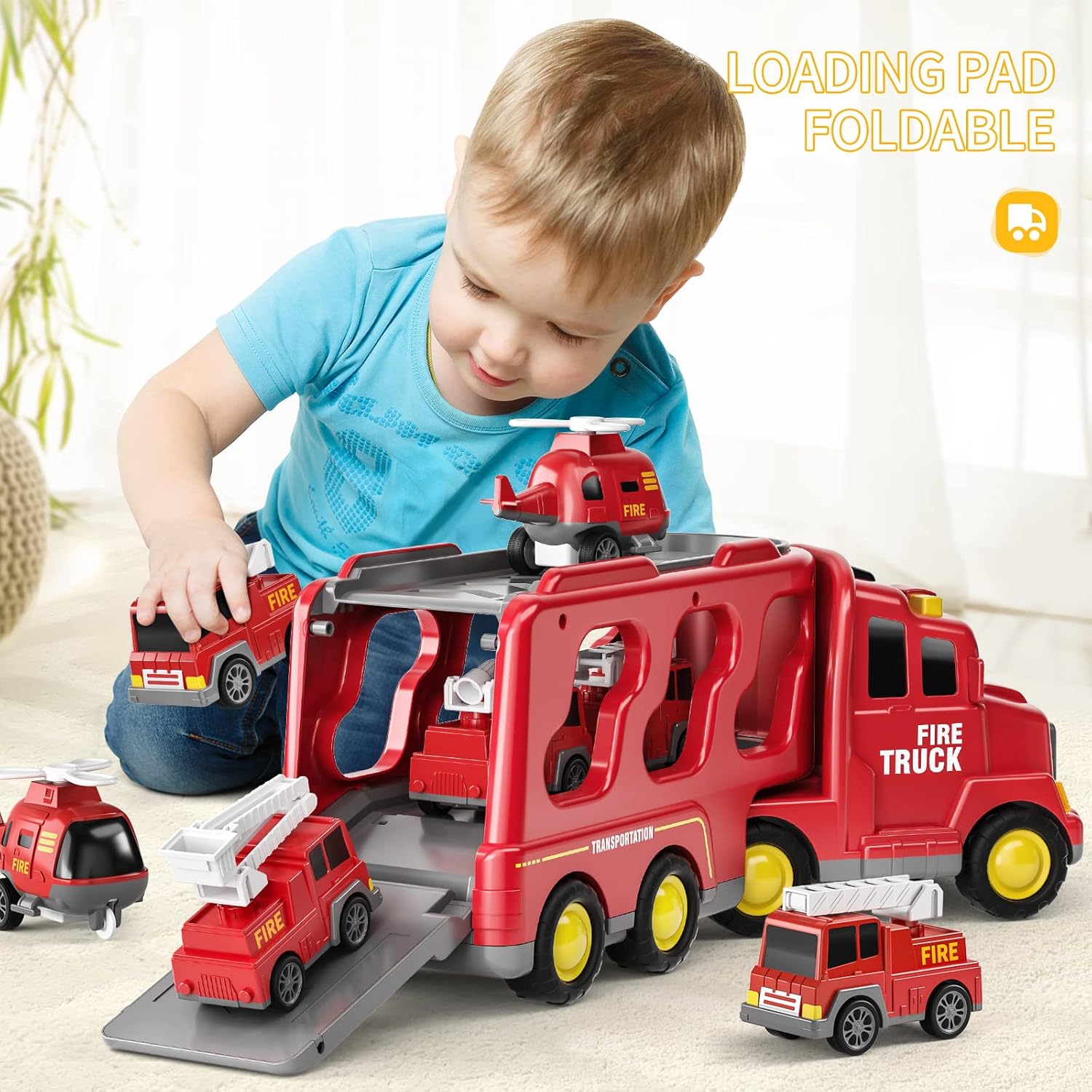 TEMI Fire Truck Toys for 2 3 4 5 6 Years Old Boys Girls - 5 in 1 Carrier Truck Transport for Toddlers 1-3, Friction Power Fire Engine Toys for Kids 3-5, Christmas Birthday Gifts-2