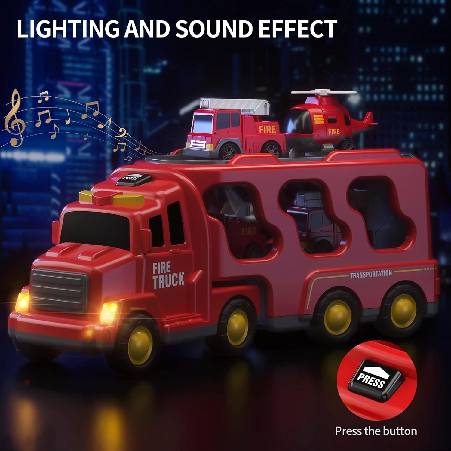 TEMI Fire Truck Toys for 2 3 4 5 6 Years Old Boys Girls - 5 in 1 Carrier Truck Transport for Toddlers 1-3, Friction Power Fire Engine Toys for Kids 3-5, Christmas Birthday Gifts-3