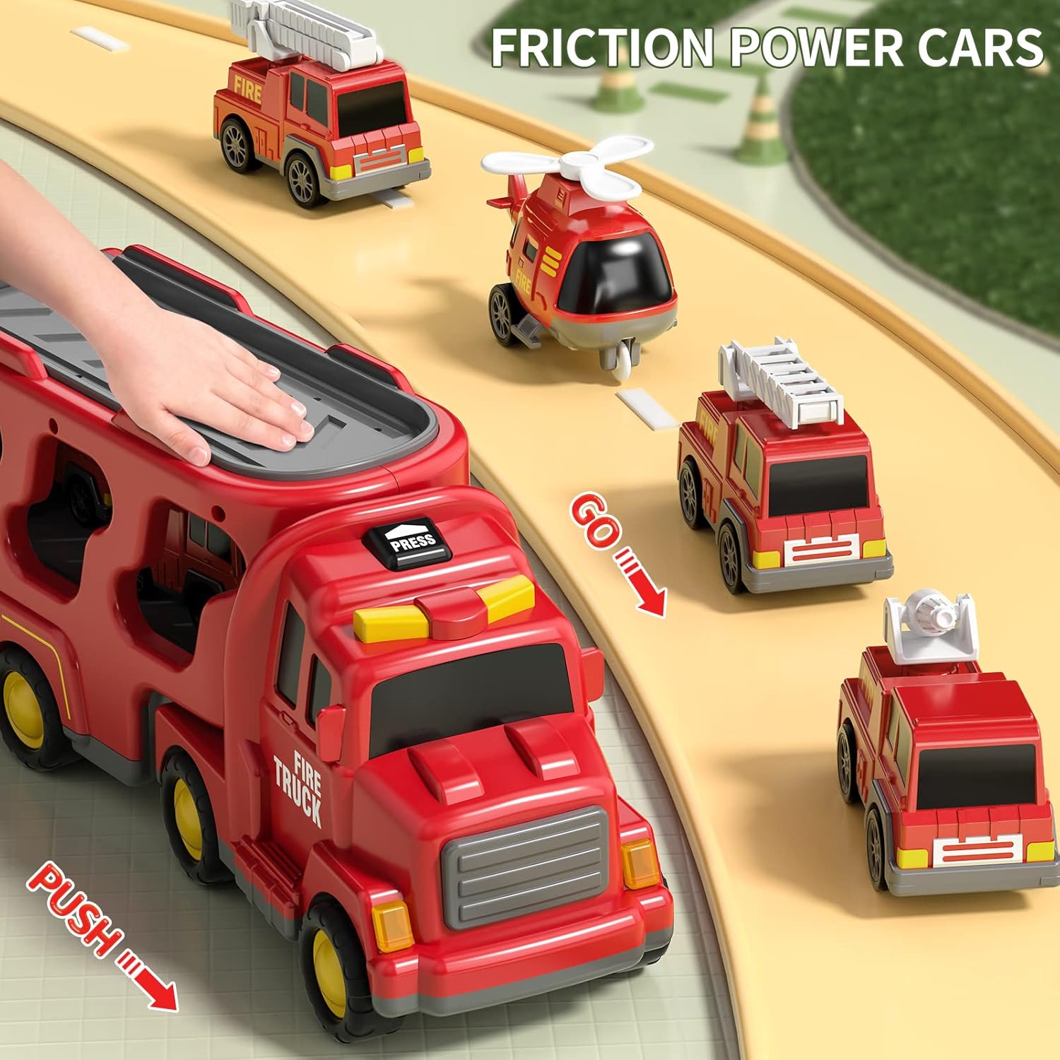 TEMI Fire Truck Toys for 2 3 4 5 6 Years Old Boys Girls - 5 in 1 Carrier Truck Transport for Toddlers 1-3, Friction Power Fire Engine Toys for Kids 3-5, Christmas Birthday Gifts-4