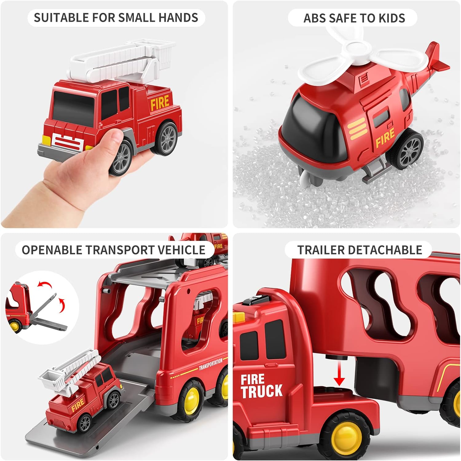 TEMI Fire Truck Toys for 2 3 4 5 6 Years Old Boys Girls - 5 in 1 Carrier Truck Transport for Toddlers 1-3, Friction Power Fire Engine Toys for Kids 3-5, Christmas Birthday Gifts-5