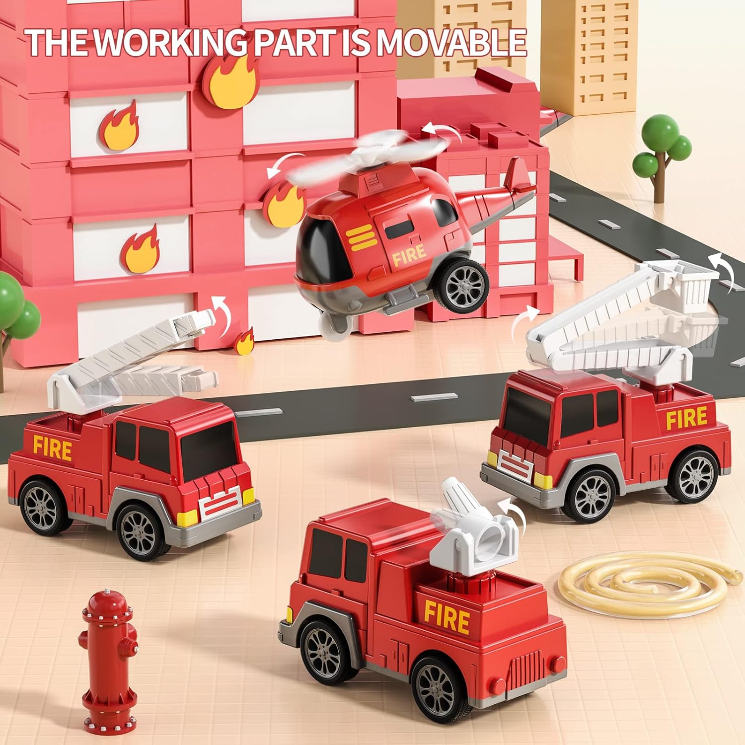 TEMI Fire Truck Toys for 2 3 4 5 6 Years Old Boys Girls - 5 in 1 Carrier Truck Transport for Toddlers 1-3, Friction Power Fire Engine Toys for Kids 3-5, Christmas Birthday Gifts-6