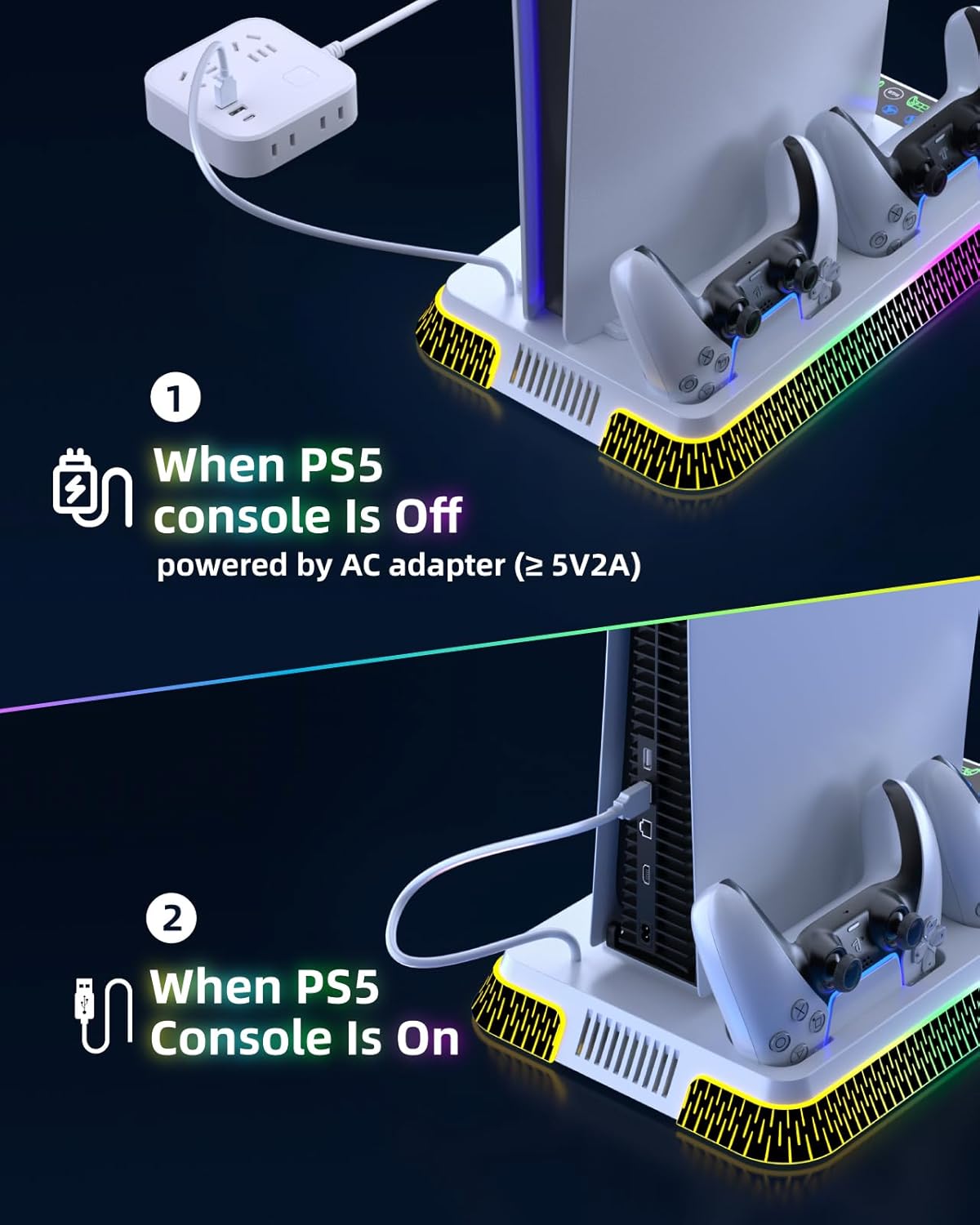 Lictin PS5/PS5 Slim Cooling Stand & PS5 Controller with RGB LED, 3-Hour Fast Playstation 5, 3 USB Hubs, Headphone Holder, PS5 Accessories Fits 2020/2023 PS5 Standard/Digital Edition-5