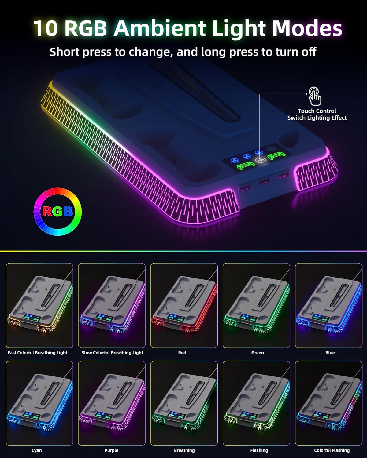 Lictin PS5/PS5 Slim Cooling Stand & PS5 Controller with RGB LED, 3-Hour Fast Playstation 5, 3 USB Hubs, Headphone Holder, PS5 Accessories Fits 2020/2023 PS5 Standard/Digital Edition-6