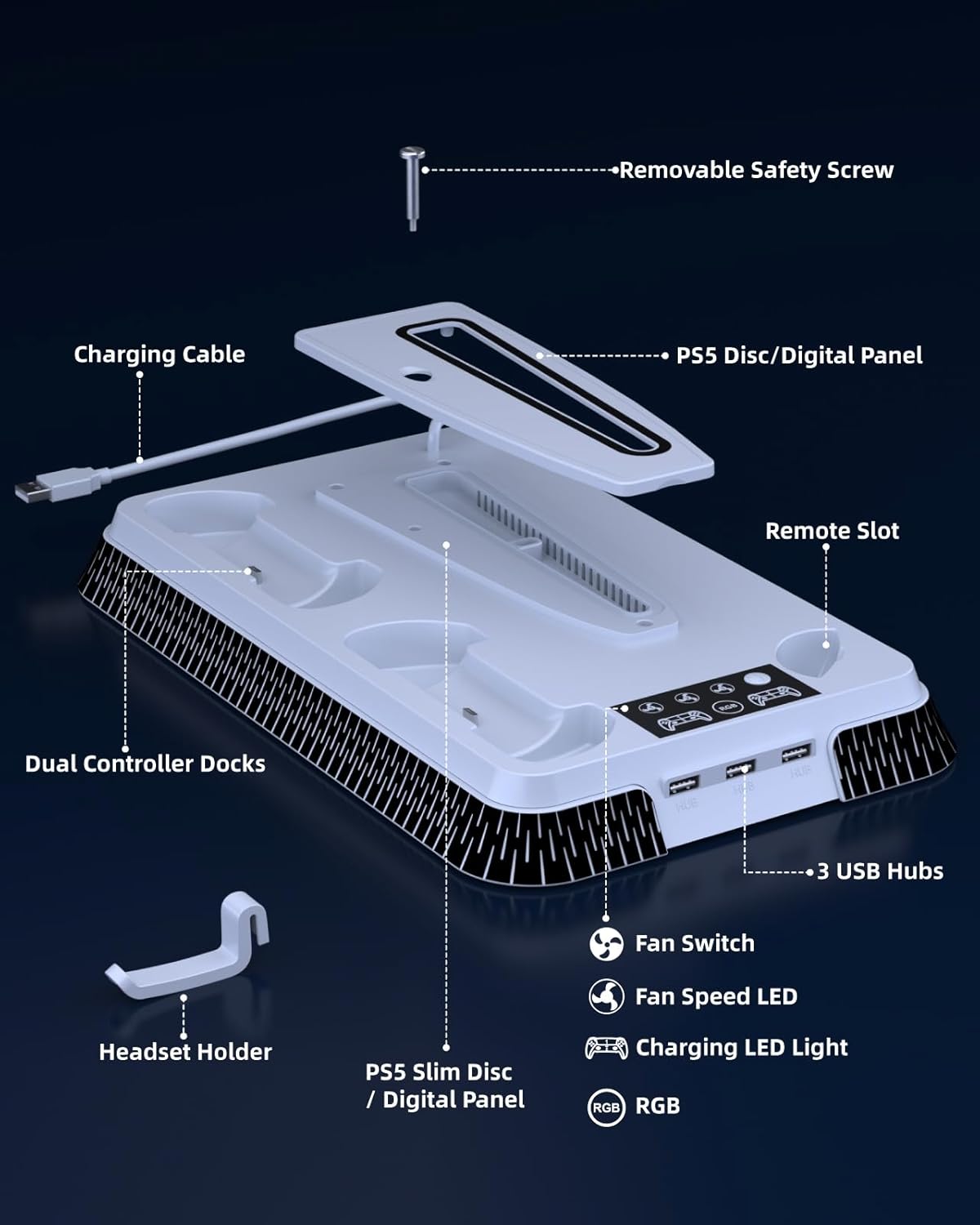 Lictin PS5/PS5 Slim Cooling Stand & PS5 Controller with RGB LED, 3-Hour Fast Playstation 5, 3 USB Hubs, Headphone Holder, PS5 Accessories Fits 2020/2023 PS5 Standard/Digital Edition-7