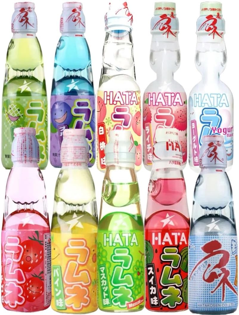 Hatakosen Ramune Soda Japanese Soft Drinks 10 Bottles Set 200 ml by Starry Mart (10 Bottles, 7 Flavours)-0