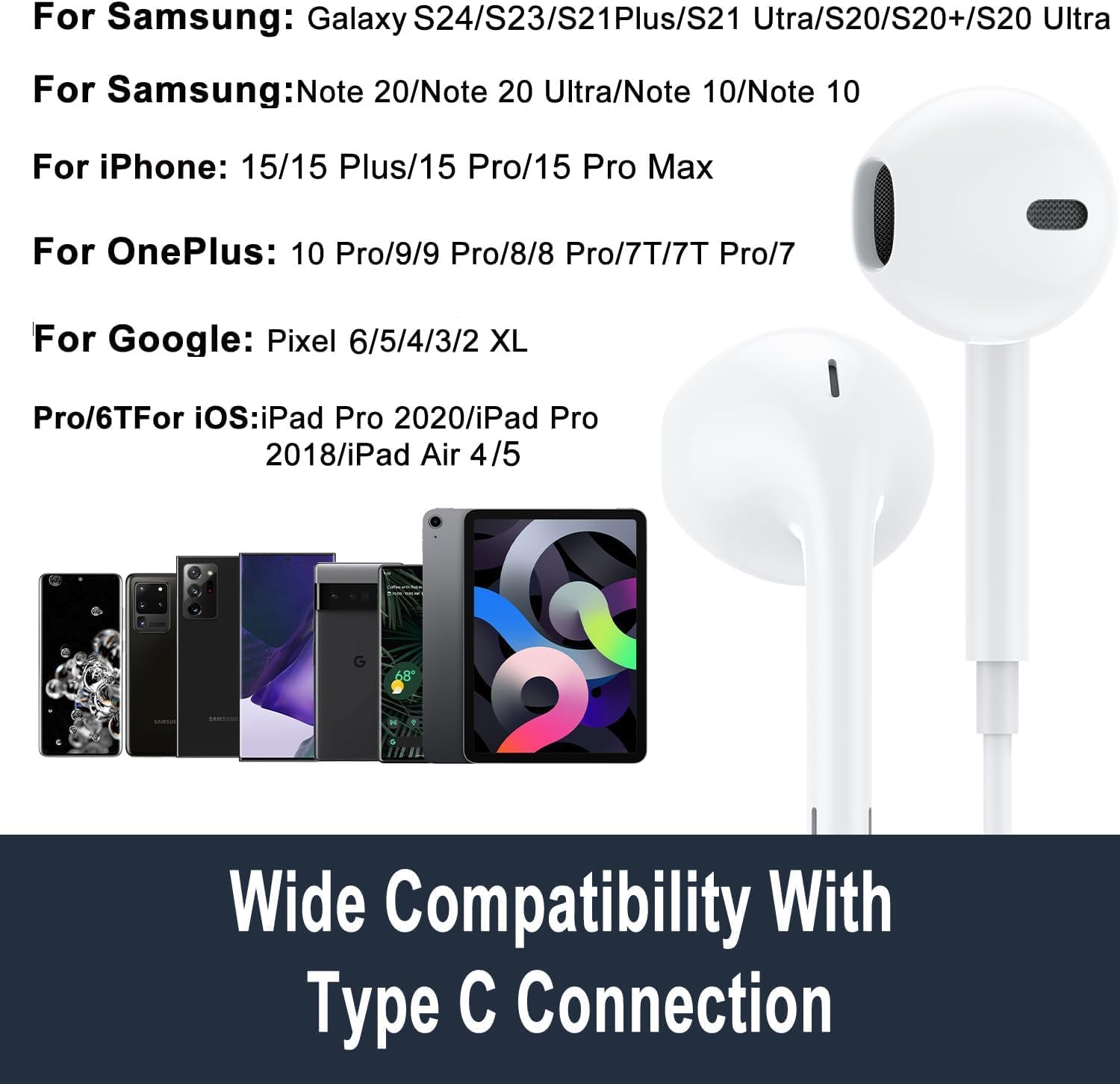 USB C Headphones for iPhone 15 Earbuds USB C Wired Earphones with Mic & Remote Control Noise Cancelling for iPhone 15 pro, iPad Pro, Galaxy S23/S22/S21/S20/Ultra Note 10/20, Pixel 7/6/6a/5/4-1