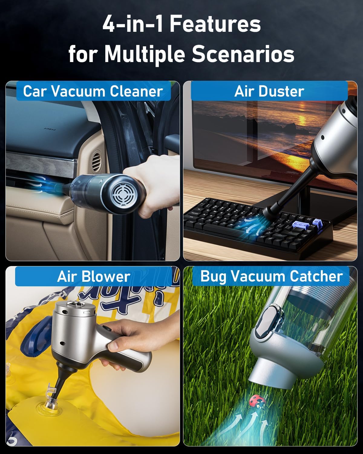 Handheld Vacuum Cleaner, 16000Pa Brushless Powerful Car Vacuum Cleaner, 4-in-1 Cordless Mini Vacuum Cleaner with 2Pack Cleaning Gel Air Duster Computer Vacuum for Car Interior,Pet Hair,Home, Desk-3