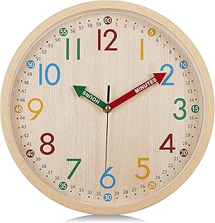 Lafocuse Wood Grain Colorful Wall Clock Easy to Read 12 Inch Silent Non Ticking, Fun and Cute Analog Clock Time Teaching for Classroom Bedroom Schoolhouse Game Room 30 cm