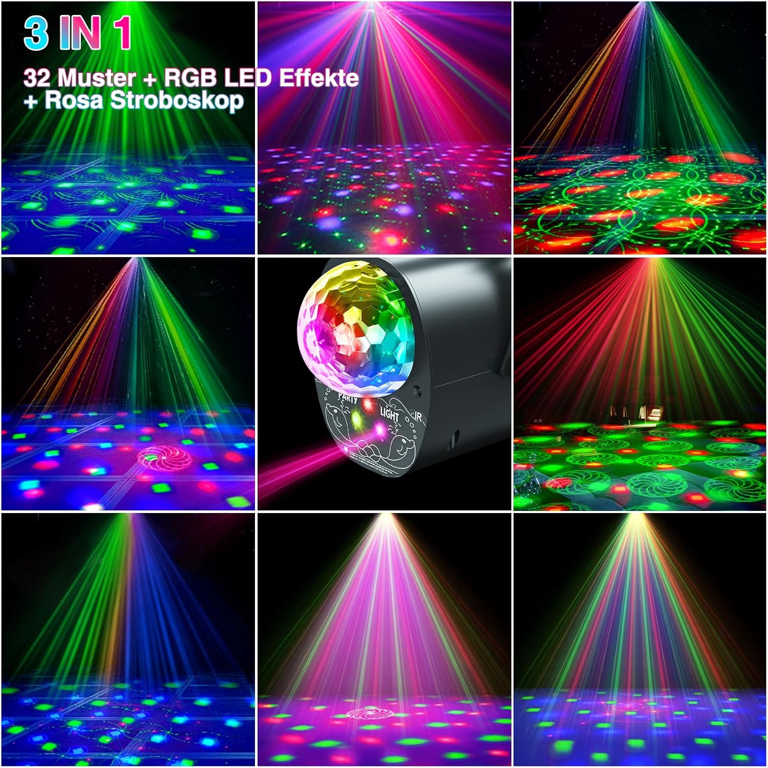 Disco Lights Party Lights, 3 in 1 Disco Ball Lights 32 Pattern + Pink Strobe Light, Sound Activated DJ Light with Remote Control for Parties DJ Bar Club Festival Show-1