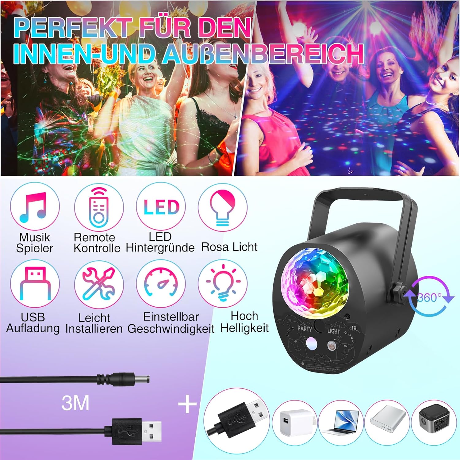 Disco Lights Party Lights, 3 in 1 Disco Ball Lights 32 Pattern + Pink Strobe Light, Sound Activated DJ Light with Remote Control for Parties DJ Bar Club Festival Show-3