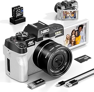 NBD Digital Cameras for Photography, 48MP 4K Vlogging Camera with 180° Flip Screen,WiFi, 60FPS Autofocus Travel Camera,Compact Camera 32GB TF&2 Batteries Included,Beginner-Friendly (White)