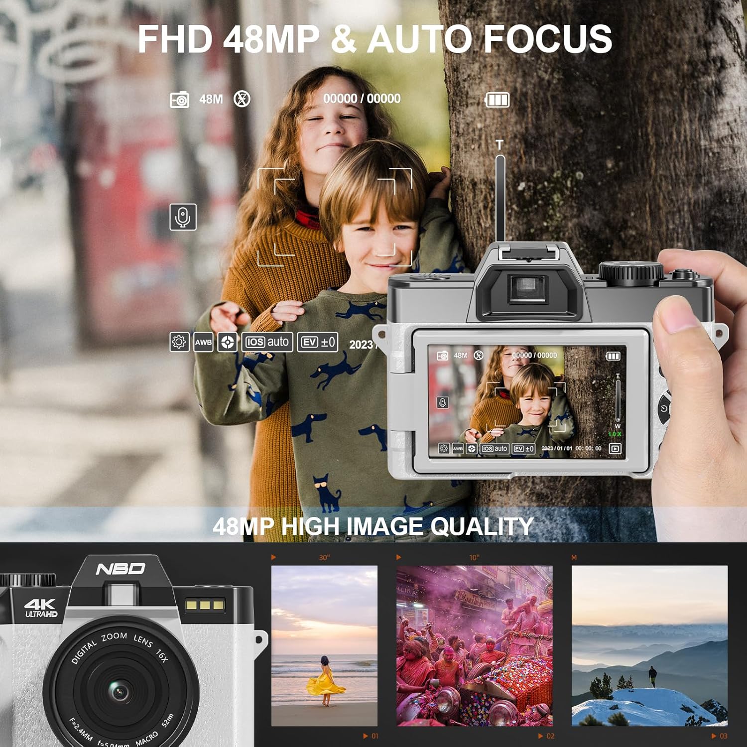 NBD Digital Cameras for Photography, 48MP 4K Vlogging Camera with 180° Flip Screen,WiFi, 60FPS Autofocus Travel Camera,Compact Camera 32GB TF&2 Batteries Included,Beginner-Friendly (White)-6