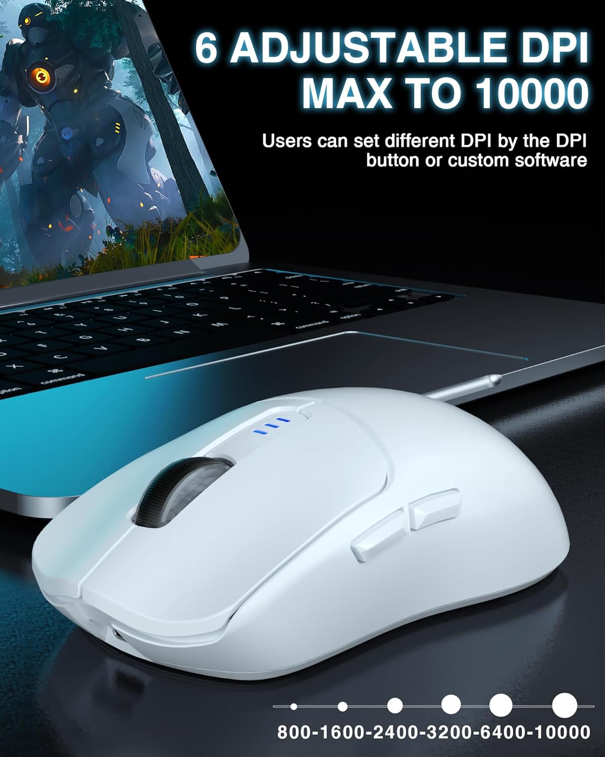 AULA SC580 Wireless Gaming Mouse,Tri-Mode 2.4Ghz/USB-C/BT5.0 Computer Mouse Up to 10000 DPI,Lightweight Gaming Mice with 6 Programmable Buttons,Rechargeable Mouse for Laptop,PC,Mac,Tablet (White)-3