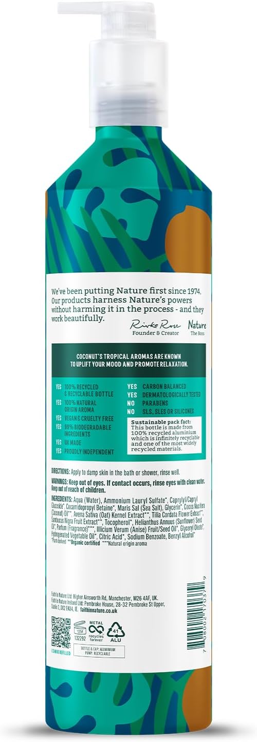 Faith In Nature 500ml Metal Bottle Natural Coconut Body Wash, Hydrating, Vegan and Cruelty Free, No SLS or Parabens-1