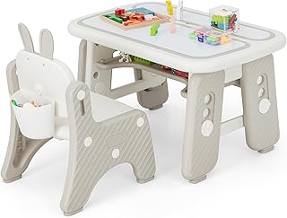 GYMAX Kids Table and Chair Set, Children Activity Table with Chair, Flip-Top Tabletop, Erasable Magnetic Drawing Board & Storage Shelf/Box, Height Adjustable Toddler Art Table Set for Boys Girls