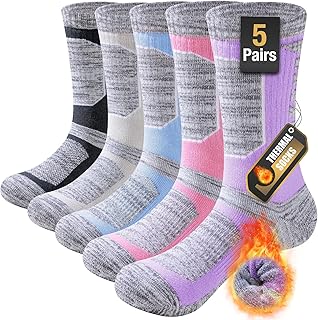 Niorasen Thermal Walking Socks Women 5 Pairs, Cushioned Anti Blister Hiking Socks, Cotton Winter Work Socks, Thick Ladies Boot Socks, Warm Calf Crew Athletic Sports Socks