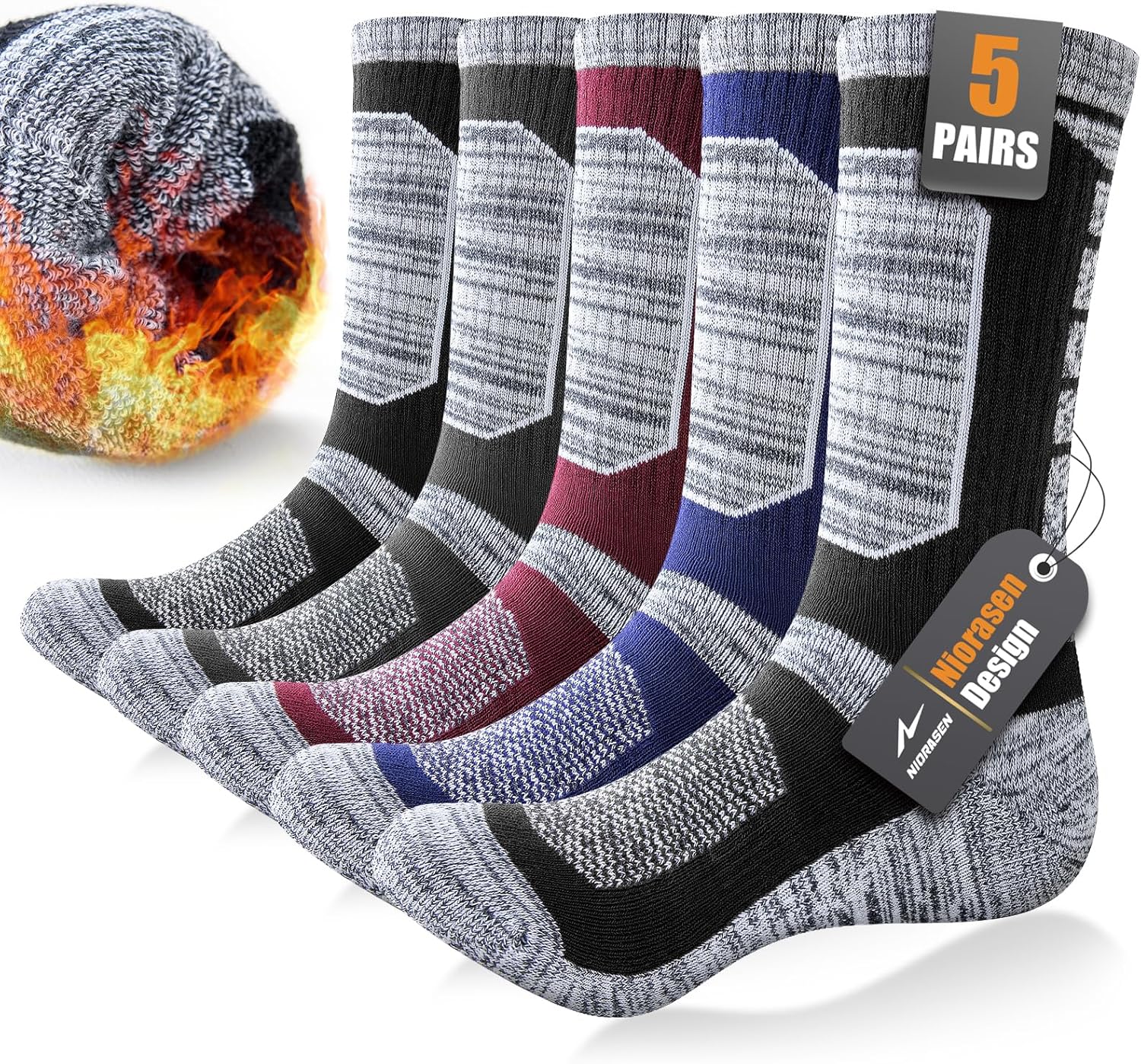 Niorasen Full Cushion Thermal Socks for Men, Thick Cotton Mens Work Socks, Padded Mens Warm Socks, 5 Pairs Crew Winter Sports Socks for Outdoor Walking Hiking Running Climbing-0