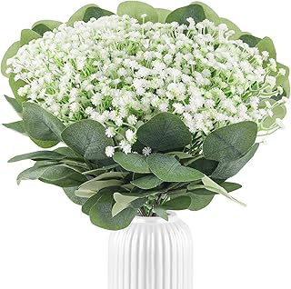 LUCKNIGHT Faux Flowers, 36 Pcs Gypsophila Artificial Flowers, with 10 Eucalyptus Artificial Flowers, Green Ribbon, White Artificial Flowers for Flower Arrangement Wedding Party Home Garden Decoration