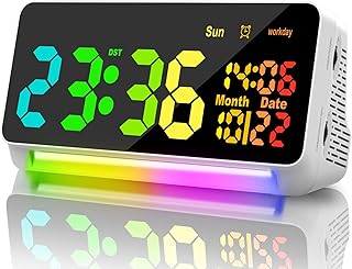 XREXS Large Digital Clock, RGB Colorful LED Digital Alarm Clock, Date Display, 15 Alarm Tones, Adjustable Brightness/Volume, Snooze, Workday Mode, Mains Powered, Alarm Clock for Kids