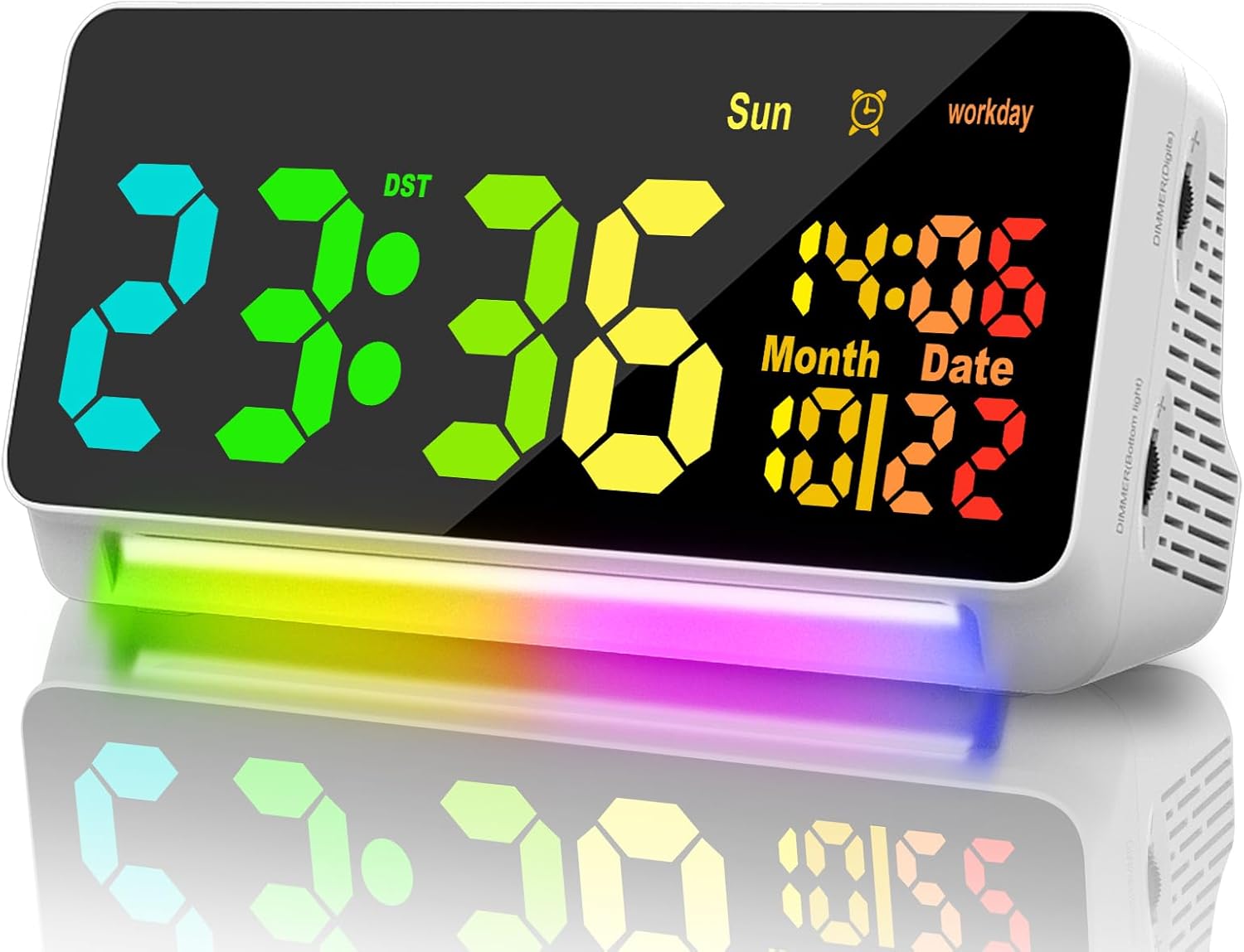 XREXS Large Digital Clock, RGB Colorful LED Digital Alarm Clock, Date Display, 15 Alarm Tones, Adjustable Brightness/Volume, Snooze, Workday Mode, Mains Powered, Alarm Clock for Kids-0