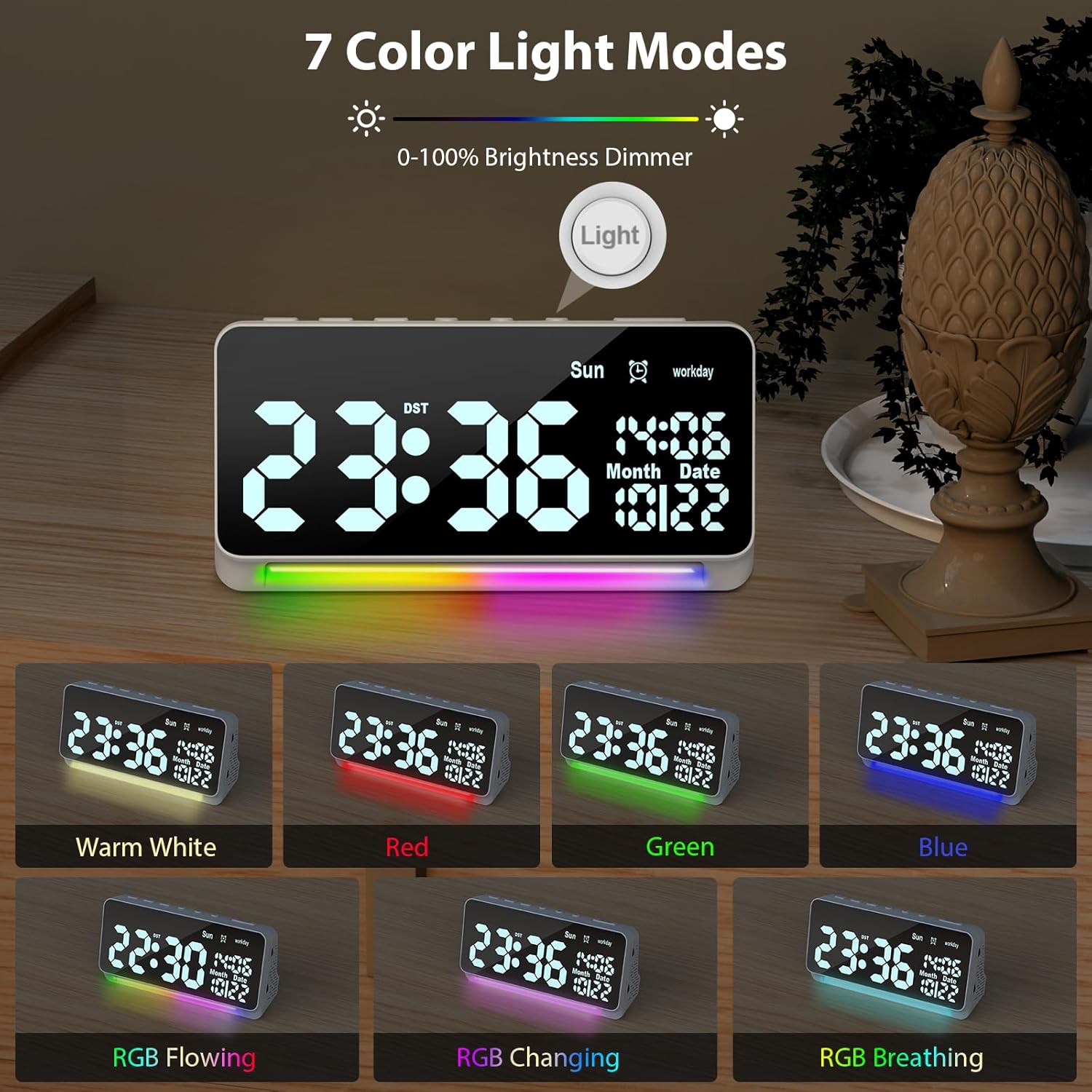 XREXS Large Digital Clock, RGB Colorful LED Digital Alarm Clock, Date Display, 15 Alarm Tones, Adjustable Brightness/Volume, Snooze, Workday Mode, Mains Powered, Alarm Clock for Kids-2