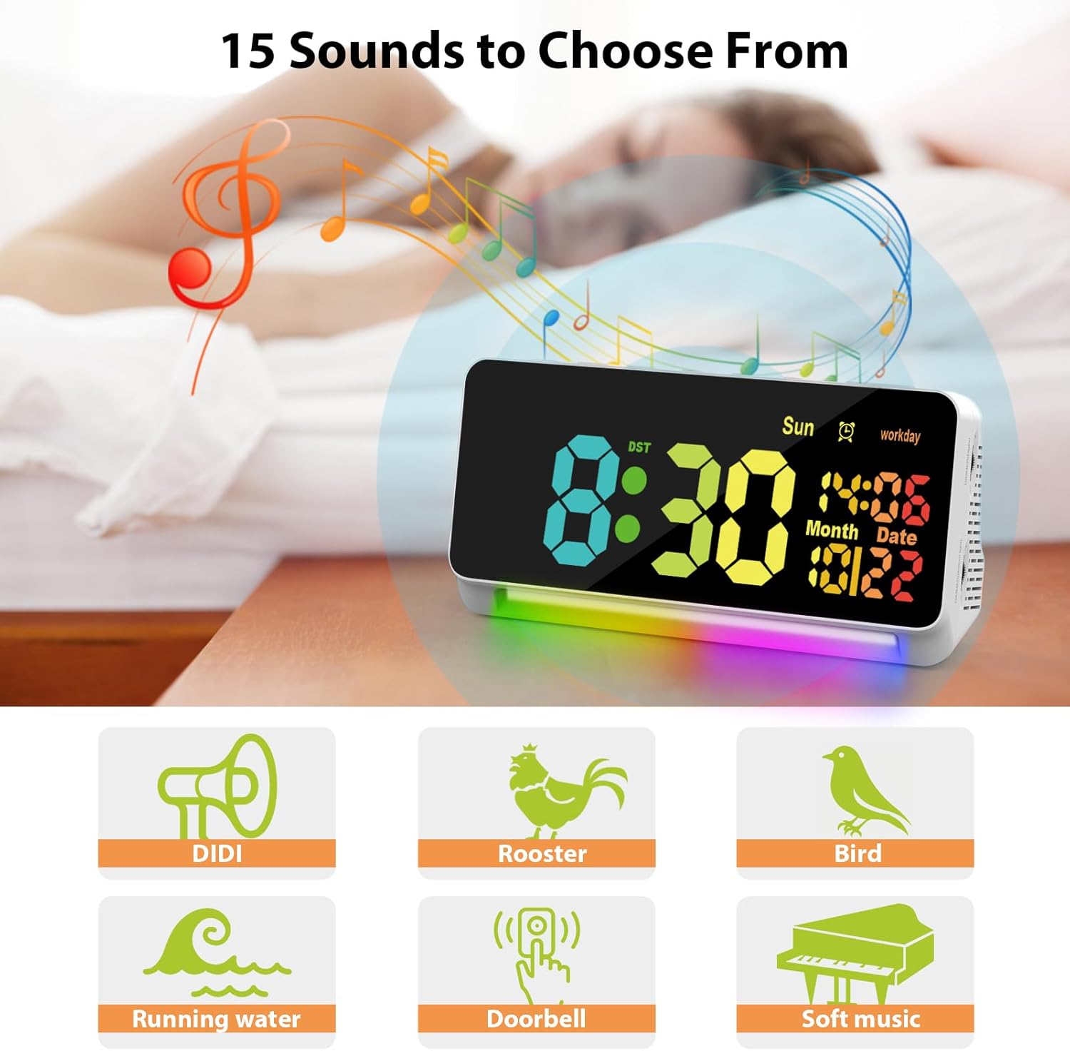 XREXS Large Digital Clock, RGB Colorful LED Digital Alarm Clock, Date Display, 15 Alarm Tones, Adjustable Brightness/Volume, Snooze, Workday Mode, Mains Powered, Alarm Clock for Kids-3