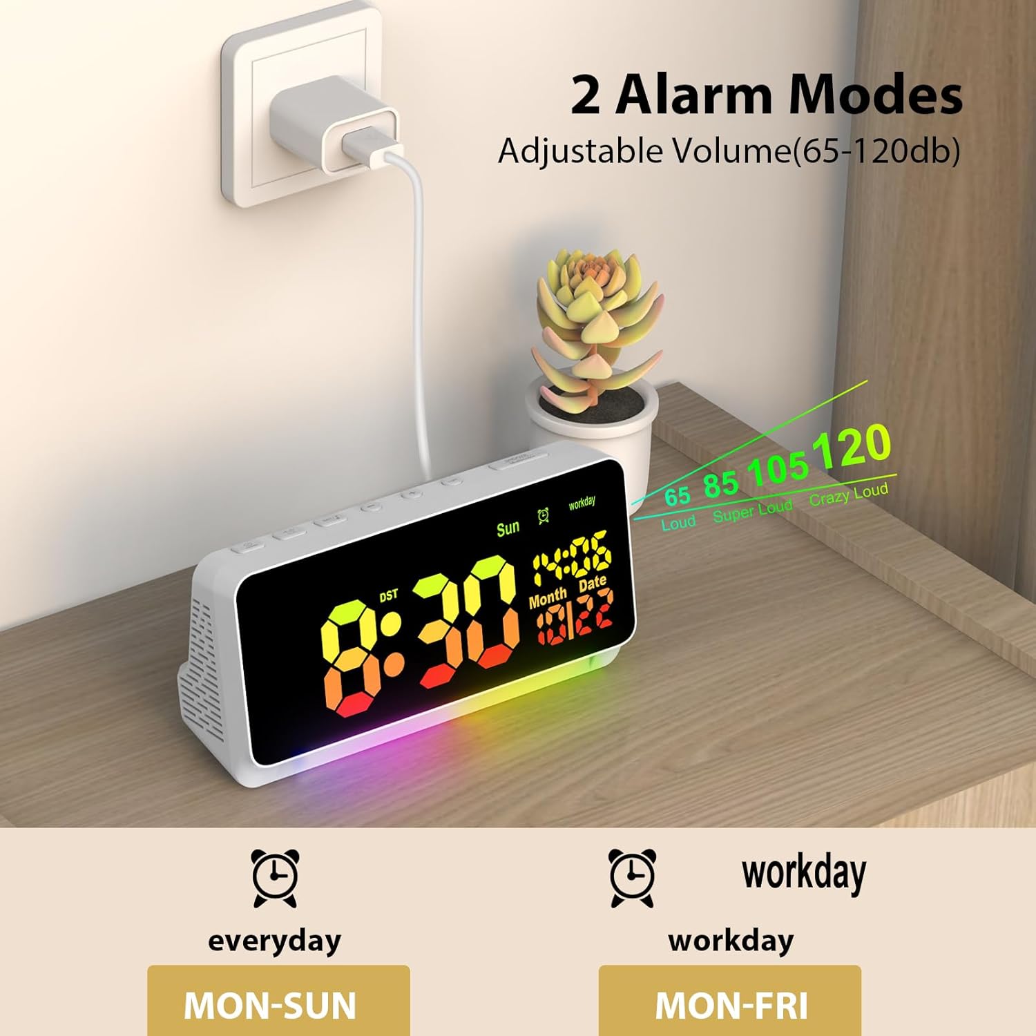 XREXS Large Digital Clock, RGB Colorful LED Digital Alarm Clock, Date Display, 15 Alarm Tones, Adjustable Brightness/Volume, Snooze, Workday Mode, Mains Powered, Alarm Clock for Kids-4