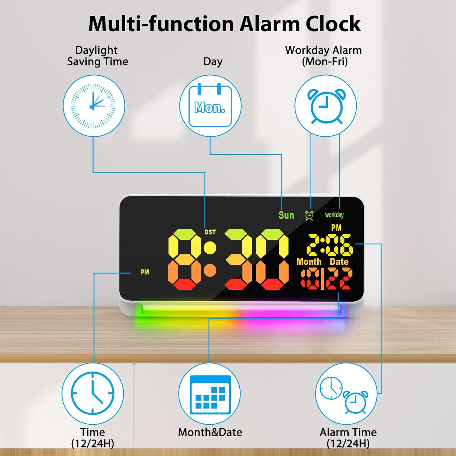 XREXS Large Digital Clock, RGB Colorful LED Digital Alarm Clock, Date Display, 15 Alarm Tones, Adjustable Brightness/Volume, Snooze, Workday Mode, Mains Powered, Alarm Clock for Kids-5