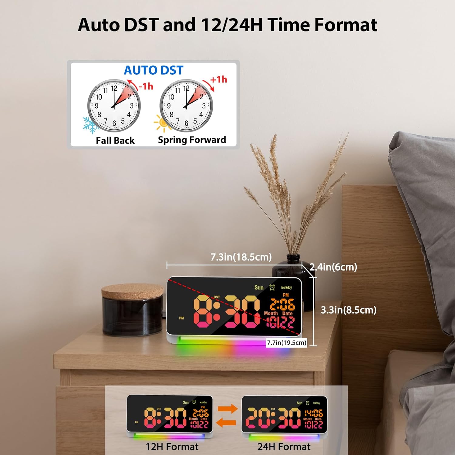 XREXS Large Digital Clock, RGB Colorful LED Digital Alarm Clock, Date Display, 15 Alarm Tones, Adjustable Brightness/Volume, Snooze, Workday Mode, Mains Powered, Alarm Clock for Kids-6