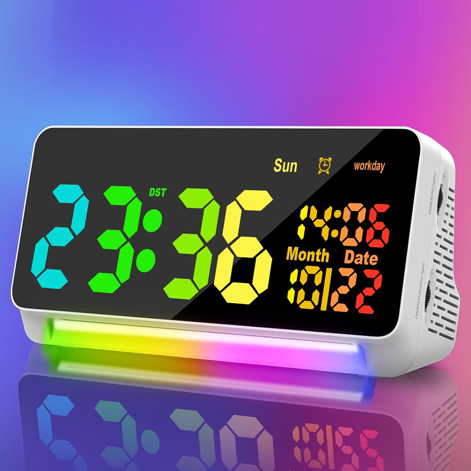 XREXS Large Digital Clock, RGB Colorful LED Digital Alarm Clock, Date Display, 15 Alarm Tones, Adjustable Brightness/Volume, Snooze, Workday Mode, Mains Powered, Alarm Clock for Kids-7