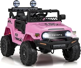 GYMAX Kids Ride on Car, 12V Licensed Toyota FJ Car with Remote Control, Lights, Music, Horn, Wireless, USB, Shock Suspension & Slow Start, Children Electric Off Road Truck for 3 Years Old + (Pink)