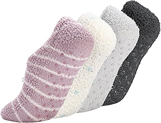 Meng Jiaran 4 Pairs Slipper Fluffy Socks for Women, Non Slip Soft Thermal Fuzzy Bed Slippers Socks with Anti-slip Grain Cute Slipper Trainer Socks for House Floor Bed Sleeping (UK 3-7)