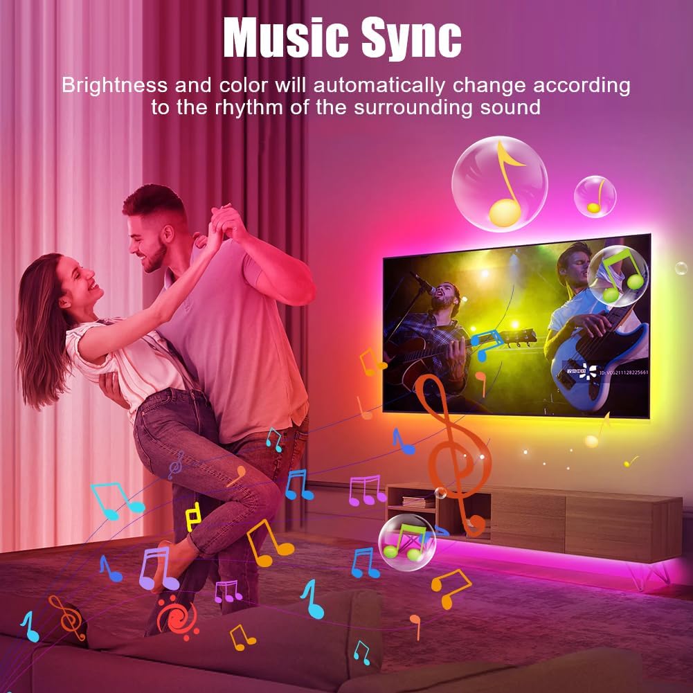 HOTUT LED TV Backlights, 5M TV Backlight for 45-75 Inch TV, Music Sync LED TV Light with Bluetooth Function, Rainbow Color RGB Led Lights RGB Color Changing Light Strip with Remote APP Control-3