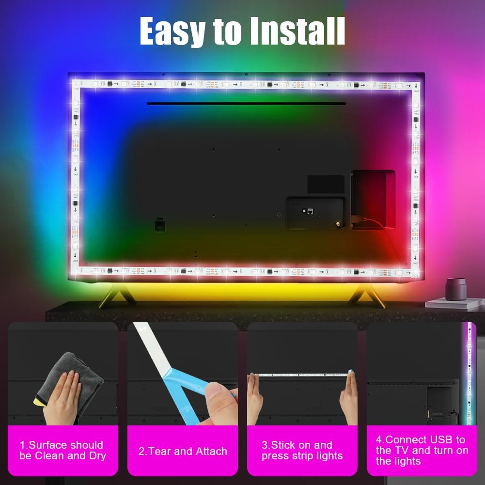 HOTUT LED TV Backlights, 5M TV Backlight for 45-75 Inch TV, Music Sync LED TV Light with Bluetooth Function, Rainbow Color RGB Led Lights RGB Color Changing Light Strip with Remote APP Control-6