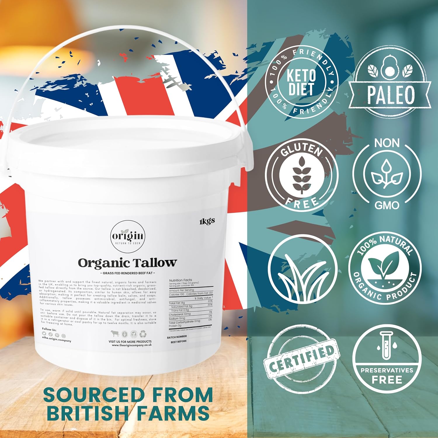 Grass Fed Beef Tallow | Beef Dripping, Lard, Suet, Beef Fat for Cooking | Keto, Paleo, Carnivore Friendly | Rendered Organic Beef Tallow for Skin | Food & Skin Grade | British Farms | 1kg Tub-2