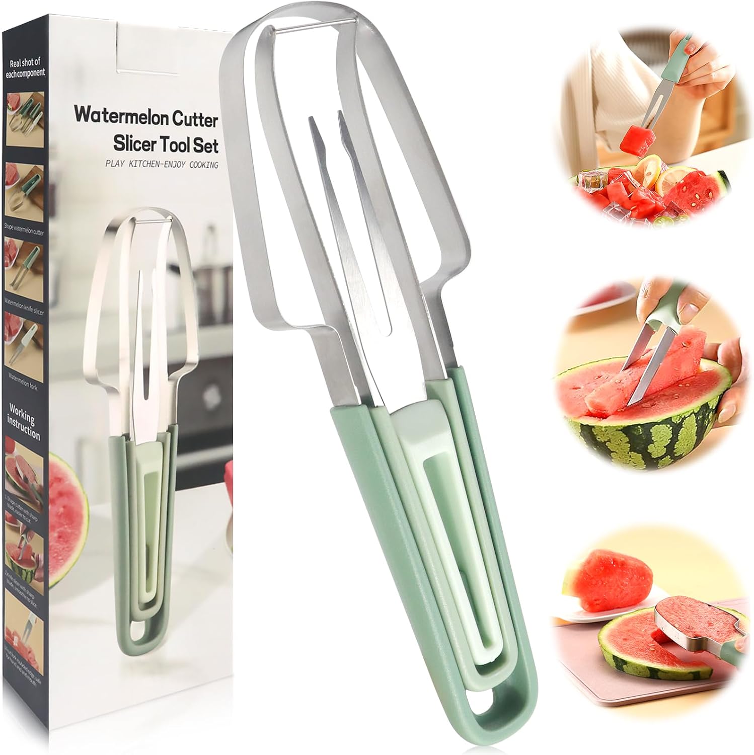 Redamancy Watermelon Cutter, 3-in-1 Watermelon Fork Slicer Cutter, Stainless Steel Watermelon Slicer Fork Melon Cutter Knife Fruit Watermelon Cutting Tool Multifunctional Portable Home Kitchen Gadgets-0