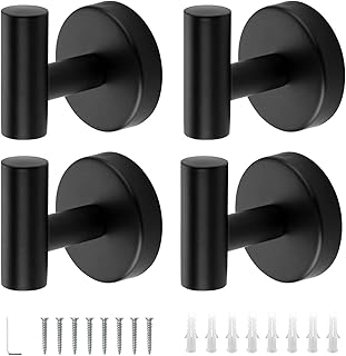 4 Pcs Bathroom Towel Hook, Screw in Metal Coat Robe Hook, SUS 304 Stainless Steel Heavy Duty Wall Door Hanger, Matte Black Coat Hooks, Clothes Cabinet Wall Hooks for Bathroom Kitchen Hotel Pool