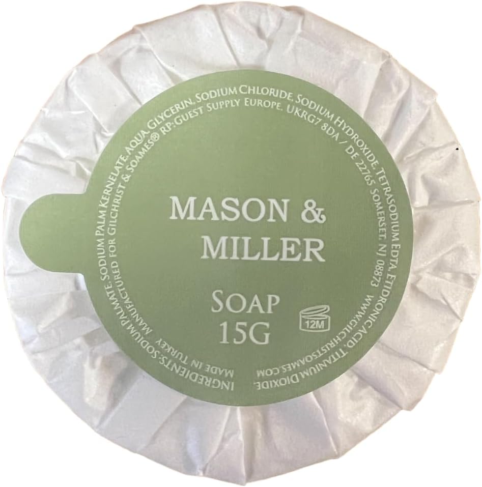 Soap Bundle - 20 Pack of 15g Mason & Miller Tissue Pleated Guest Soaps - Ideal for Airbnb Hosts and Short Stays - Includes WoodzyCo Thank You Card-1