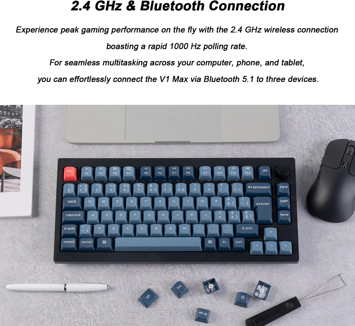 Keychron V1 Max 75% Custom Mechanical Keyboard ISO UK Layout, QMK Wireless Gaming Keyboard with Programmable Knob, Hot-Swappable Gateron Brown Switch with RGB Backlits for Mac Windows Linux-2