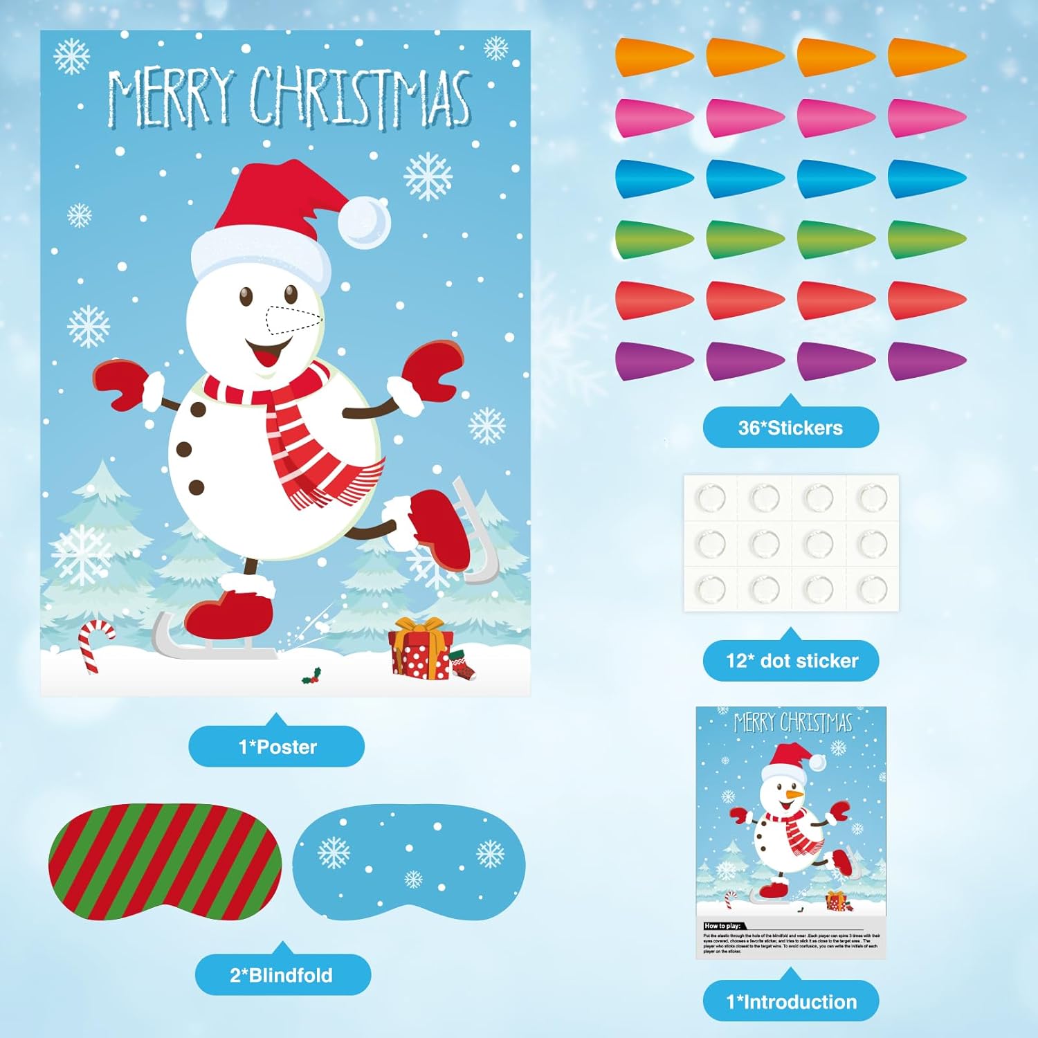 ASTARON Pin the Snowman Nose Christmas Pin the Tail Party Games Activities for Kids 36 Stickers Christmas Party Decorations School Classroom Activities-2