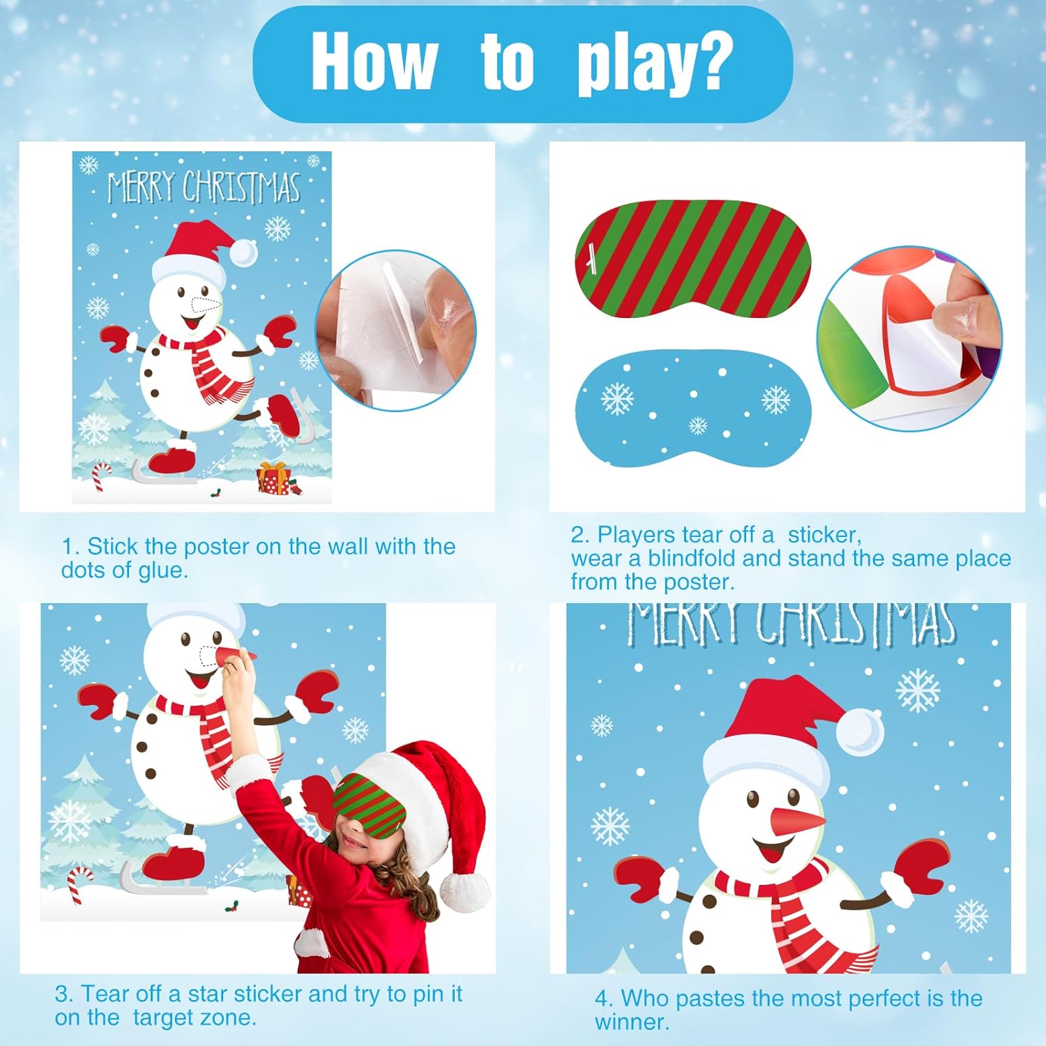 ASTARON Pin the Snowman Nose Christmas Pin the Tail Party Games Activities for Kids 36 Stickers Christmas Party Decorations School Classroom Activities-3