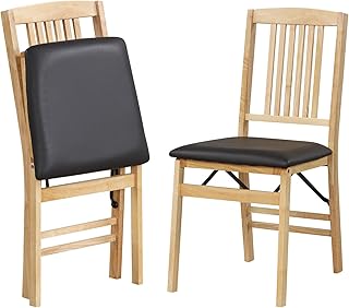 TANGZON Folding Chairs Set of 2, PVC Leather Upholstered Dining Chairs with Rubber Wood Legs & Backrest, Easy Storage Padded Guest Conference Seats for Home Kitchen Office Event (Black+Natural)