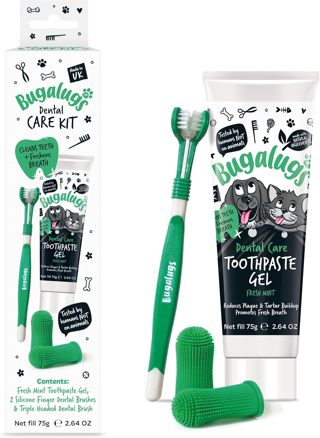 Bugalugs Dog Toothbrush and Toothpaste Kit Includes Cats & Dog Toothpaste, 2 x Finger Cat Toothbrush, 1 x Dog Toothbrush Dog Teeth Cleaning Products for Dog Plaque Remover & Dog Breath Freshener-0