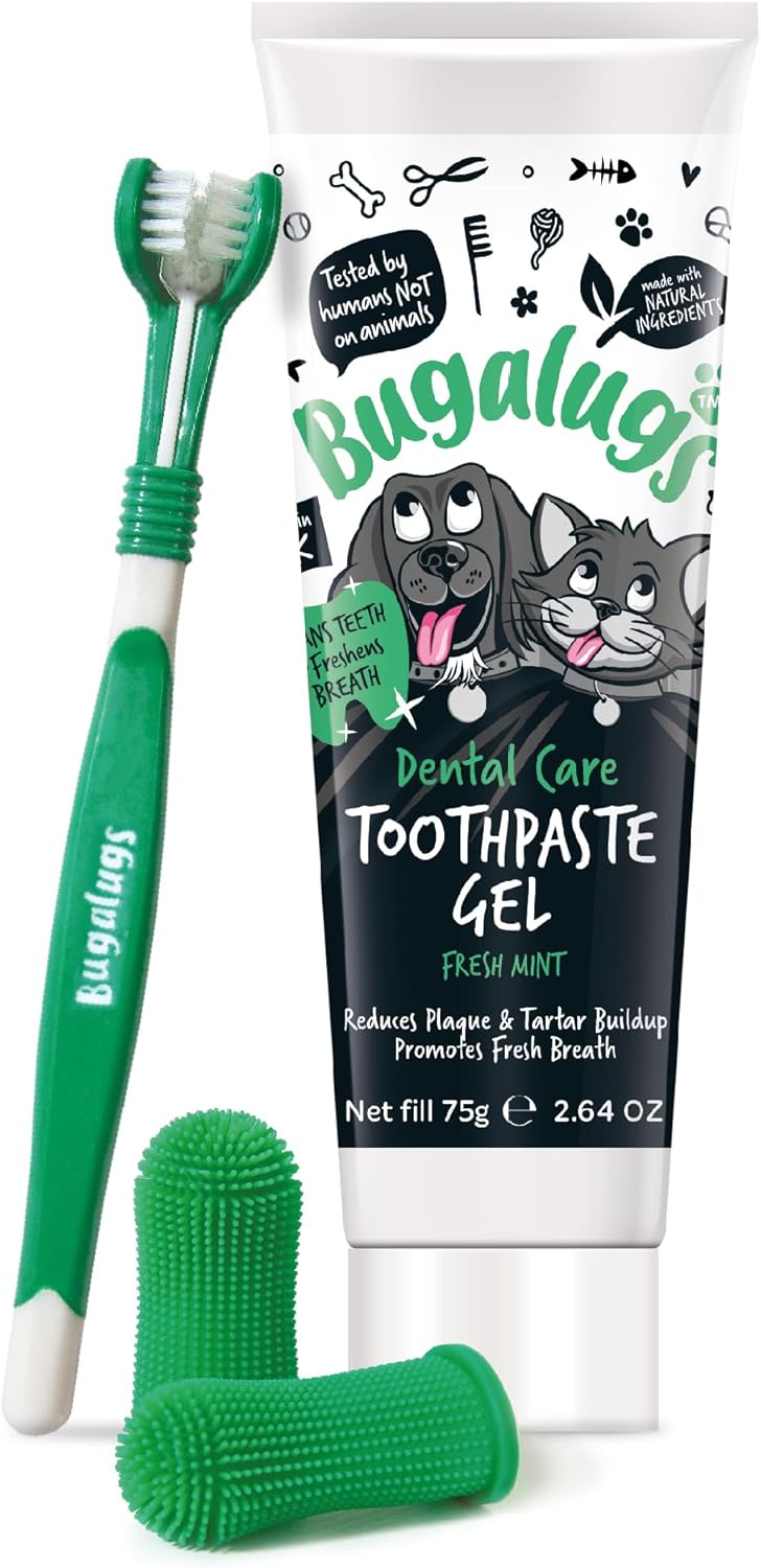 Bugalugs Dog Toothbrush and Toothpaste Kit Includes Cats & Dog Toothpaste, 2 x Finger Cat Toothbrush, 1 x Dog Toothbrush Dog Teeth Cleaning Products for Dog Plaque Remover & Dog Breath Freshener-1