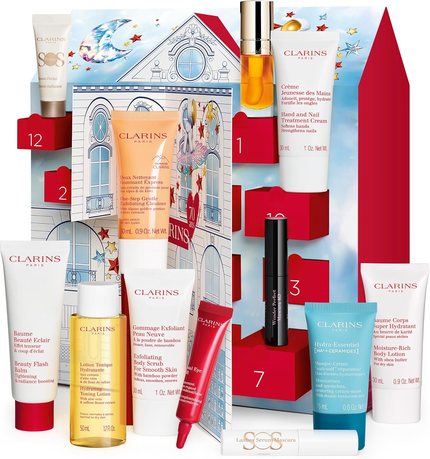 Clarins Christmas Gift Set | 12 Day Advent Calendar For Women | Worth £162 | Includes Full Size Beauty Flash Balm and Lip Comfort Oil 01 Honey-0