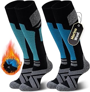 Niorasen Merino Wool Ski Socks Men Women, 2 Pairs Thermal Knee-High Socks for Winter, Full Cushion Thick Socks, Skiing, Snowboarding, Outdoor Sports, Hunting, Hiking